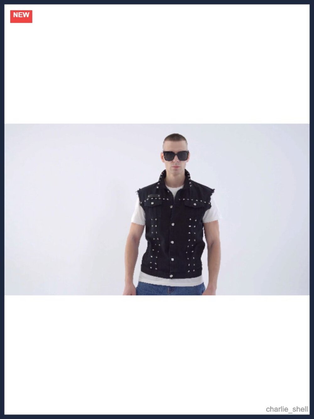 Men's Punk Denim Vest Sleeveless Jean Jacket with Rivets Button Closure Fitted - Picture 6 of 6